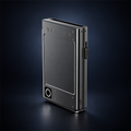 Studio concept image of The Block Card Case, a slim dark rectangular case with a front panel, button and side details, on a dark navy background.