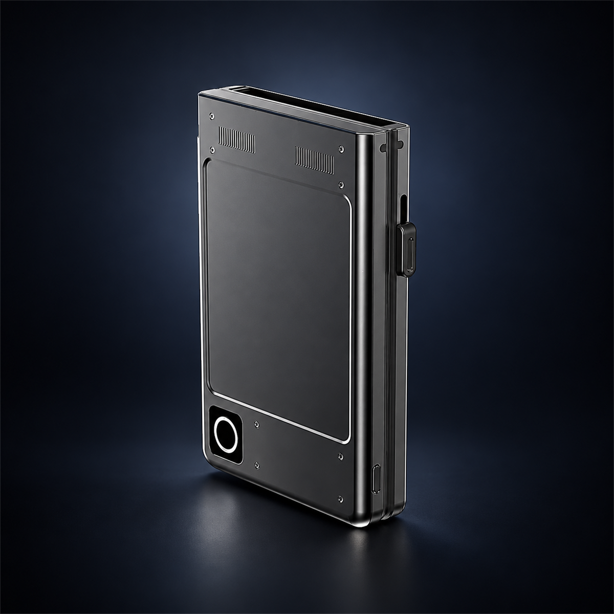 Studio concept image of The Block Card Case, a slim dark rectangular case with a front panel, button and side details, on a dark navy background.