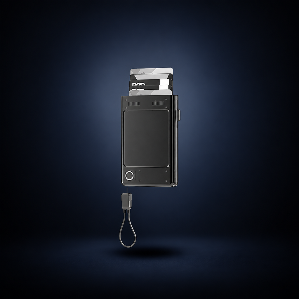 Studio concept view of The Block Card Case with business cards shown; card capacity and final design details are unconfirmed.