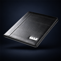 Studio concept image of The Block Folio, a black A4 business folder with a clean textured finish, shown closed on a dark navy background.