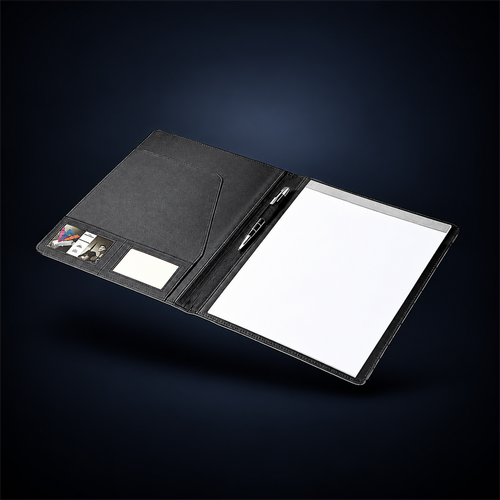 Open black A4 business folio showing the document pocket, writing pad and pen loop.