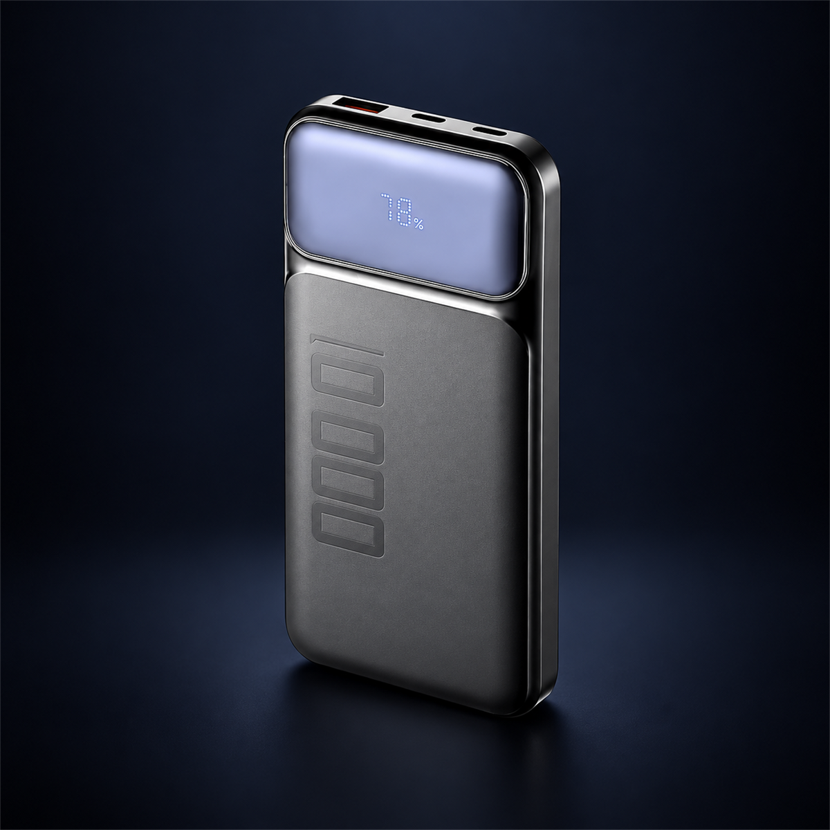 Studio concept image of The Block Power, a compact dark power bank with a front display and top-edge ports, on a dark navy background.