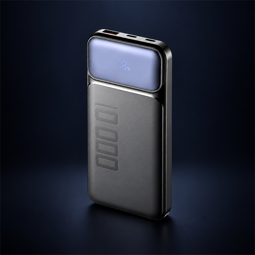 Compact 10,000 mAh power bank with a front battery display and charging ports.