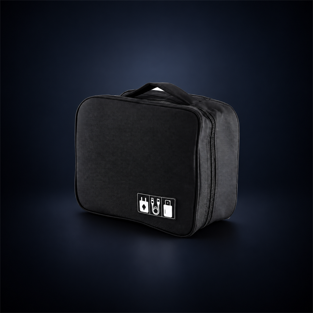 Studio concept image of a compact black zippered tech organiser case with a carry handle and small cable accessory icon patch.