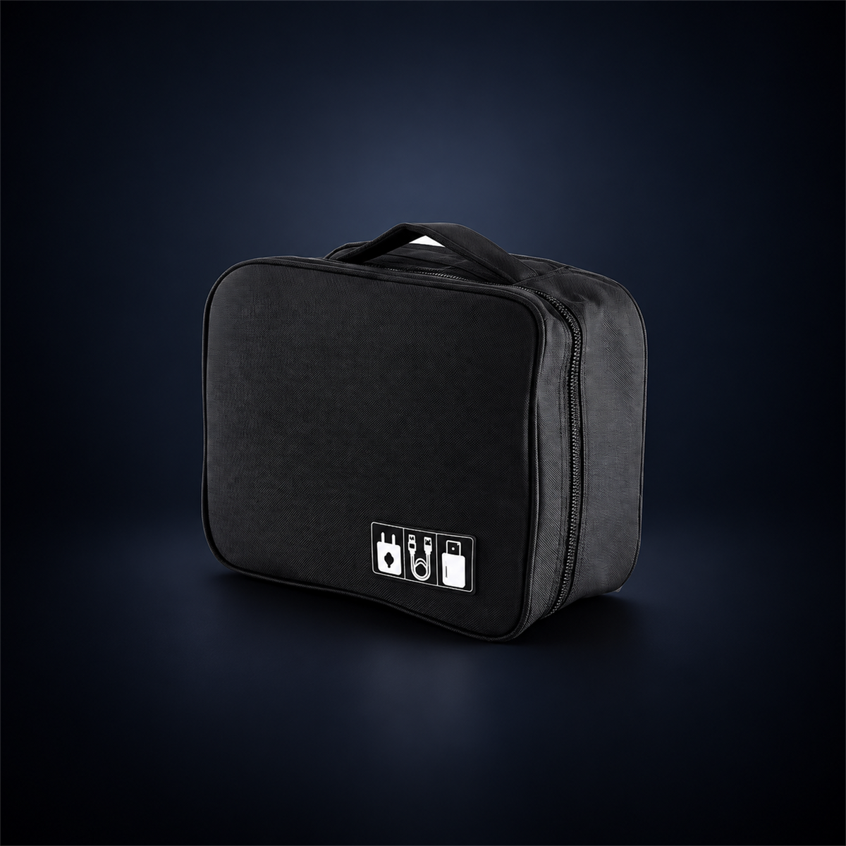 Studio concept image of a compact black zippered tech organiser case with a carry handle and small cable accessory icon patch.