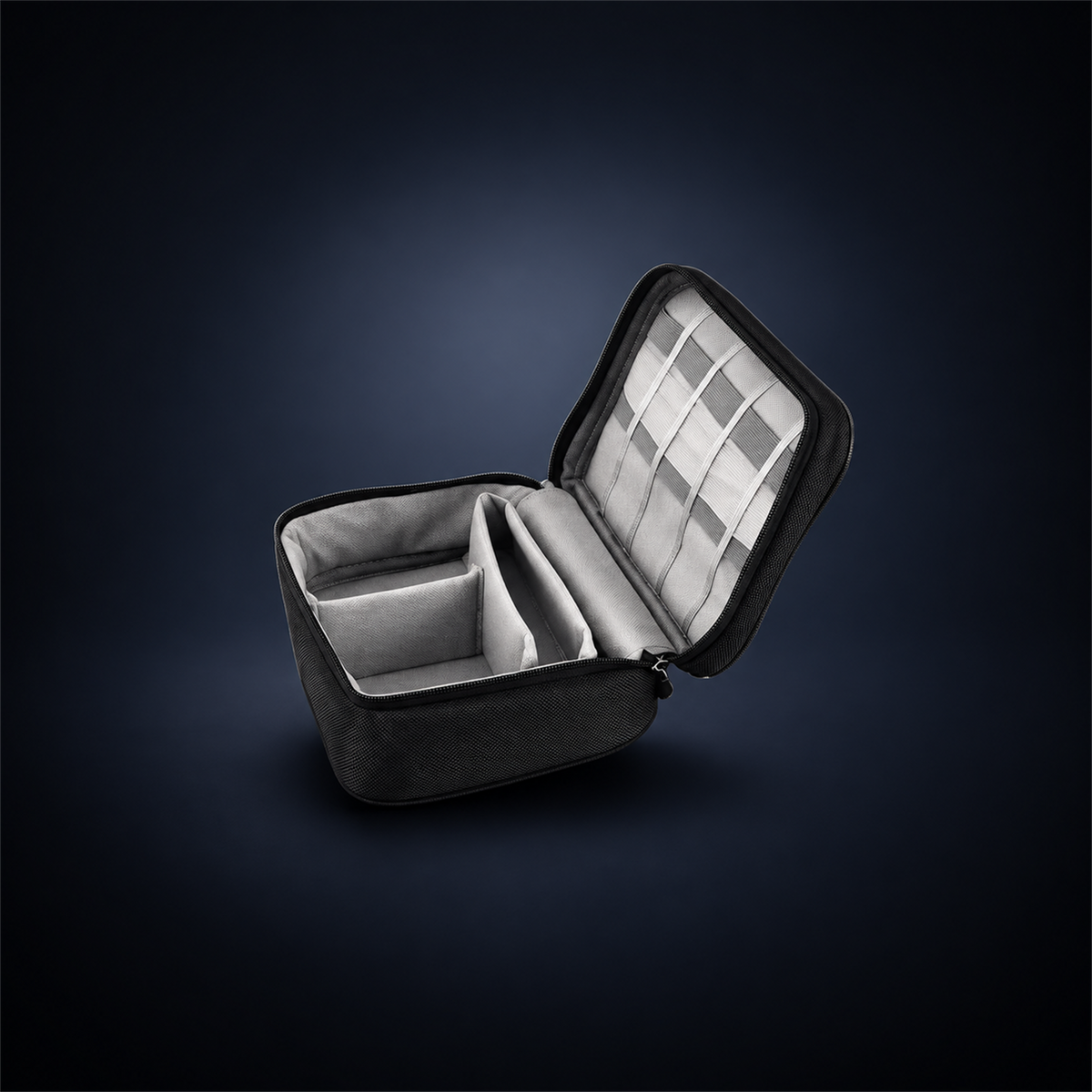 Open studio concept view of The Block Tech Case showing a proposed interior organiser layout; final compartments and materials are unconfirmed.
