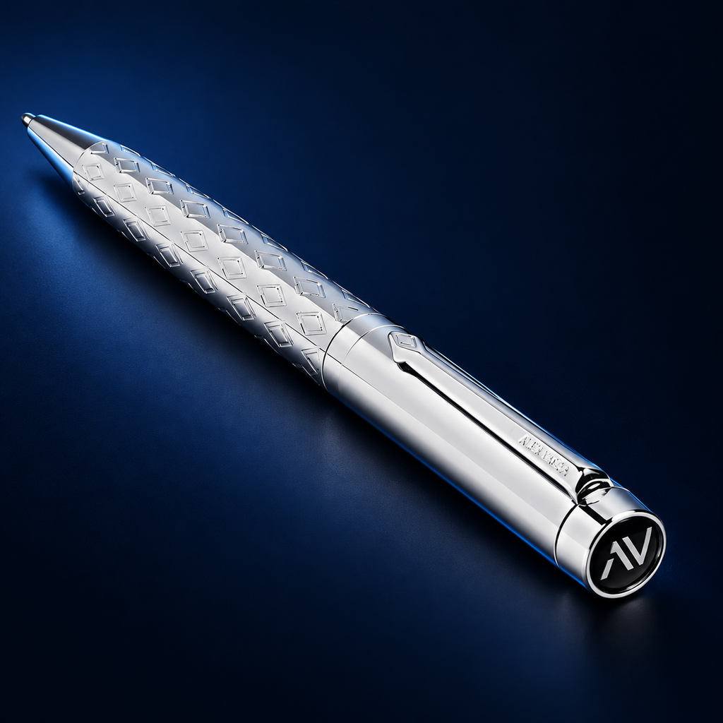 Studio product photograph of the silver patterned Alex Varga Orion ball pen on a deep midnight navy background.