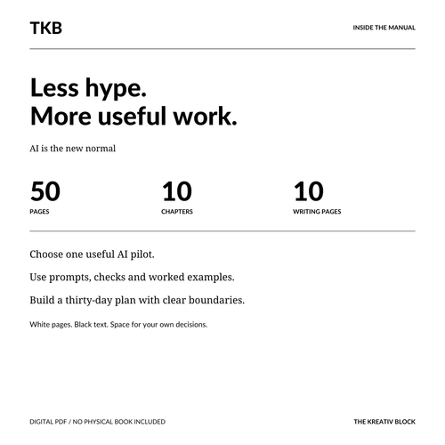 Inside AI is the new normal: 50 pages, 10 chapters, 10 writing pages, practical prompts and a thirty-day AI pilot plan.