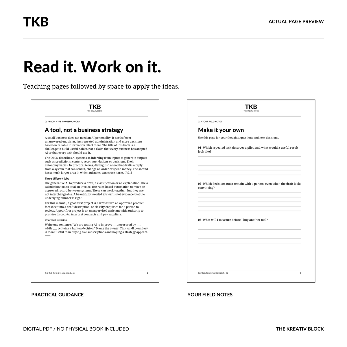 Actual interior and writing-page preview from AI is the new normal by The Kreativ Block, with black text on white pages.