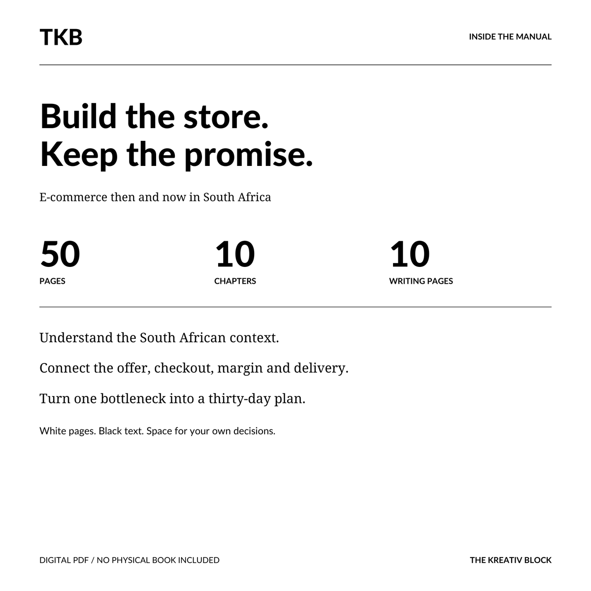 Inside E-commerce then and now in South Africa: 50 pages, 10 chapters and 10 writing pages covering online retail, customers and practical business decisions.