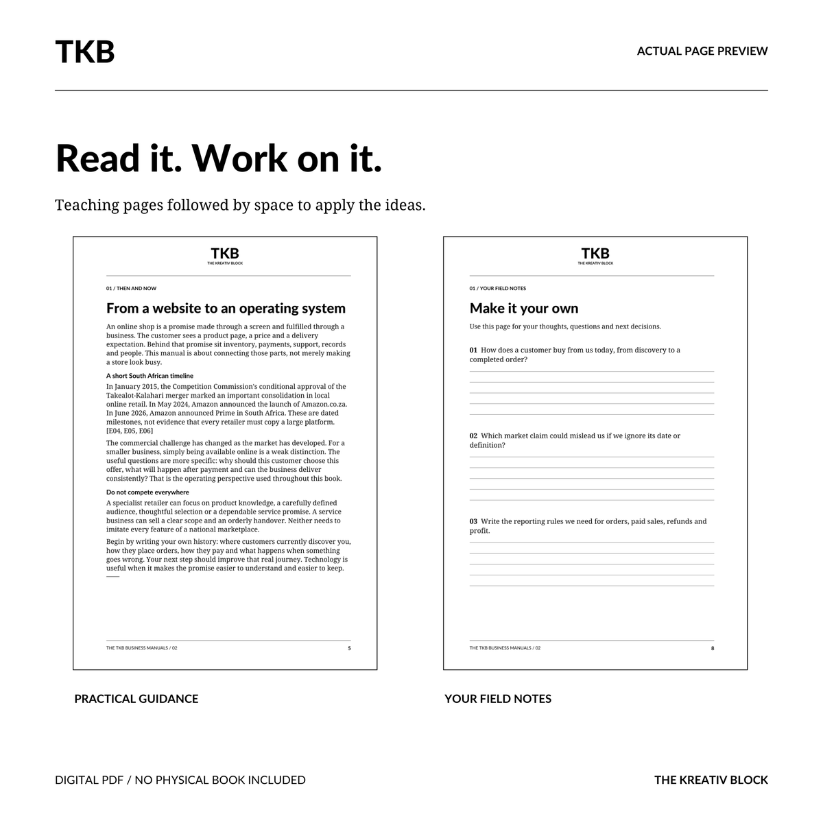 Actual interior and writing-page preview from E-commerce then and now in South Africa by The Kreativ Block, with black text on white pages.