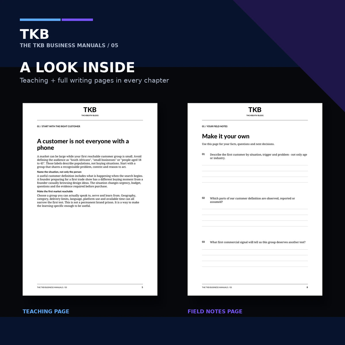 Interior preview showing a teaching page and field-notes page from How to Get Customers in South Africa.